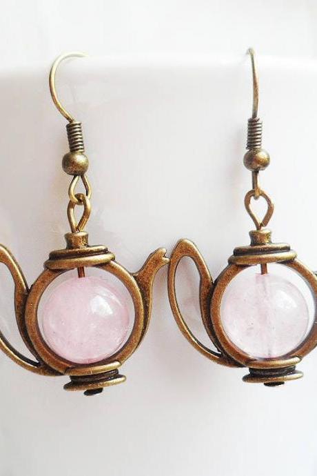 Alice in Wonderland inspired teapot earrings with rose quartz crystal pearls, Selma Dreams