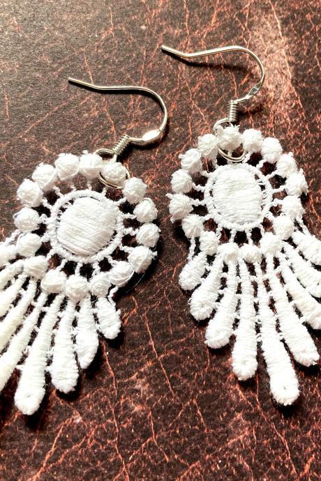 Bridal Brass Earrings With Ivory Lace Pendants And Sterling Silver Hooks, Selma Dreams