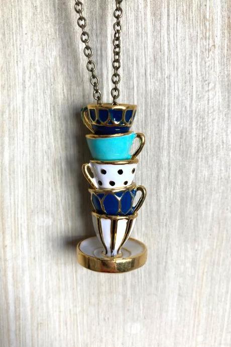 Whimsical stack of teacups necklace with brass chain, Selma Dreams jewelry