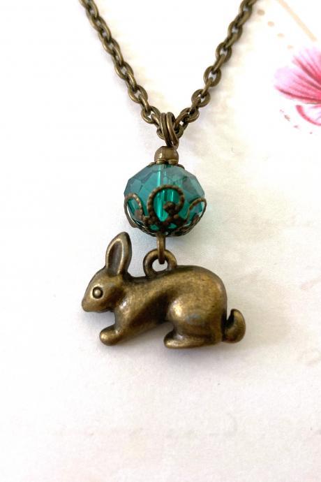 Adorable Bunny Rabbit Necklace With A Teal Glass Bead, Selma Dreams
