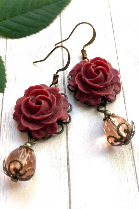 Beautiful earrings with dark red rose pendants and glass beads, Selma Dreams