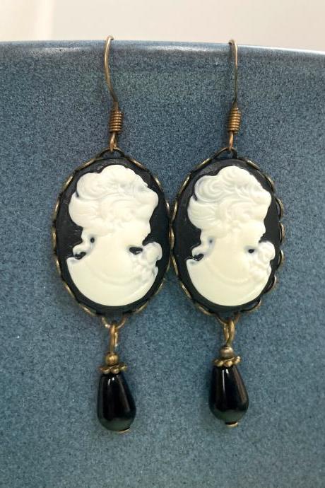 Stunning Cameo Earrings With Black Onyx Gemstone Pendants, Selma Dreams