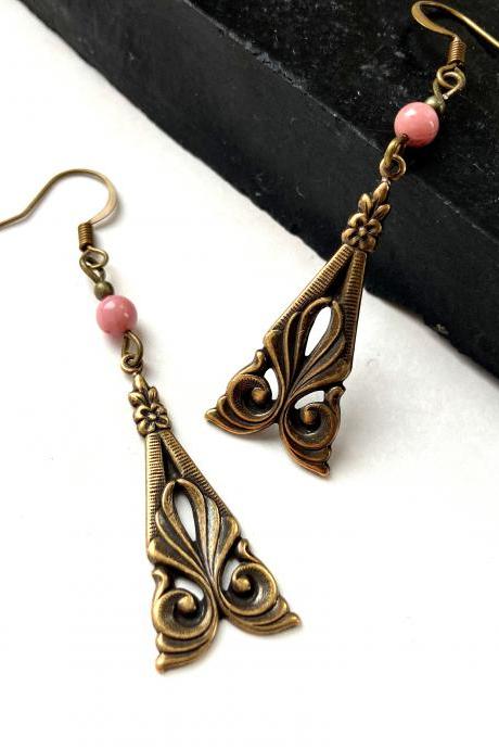 Gorgeous Art Nouveau earrings with rhodochrosite gemstone beads , Selma Dreams