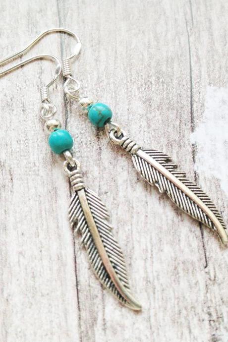 Silver Feather Earrings With Turquoise Beads, Selma Dreams
