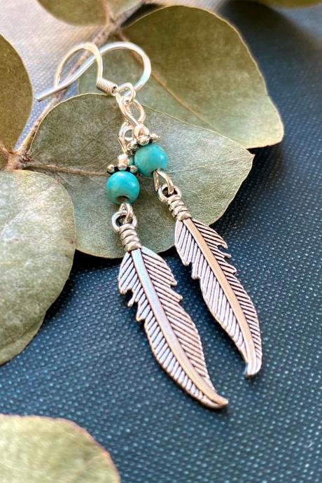 Silver Feather Earrings With Turquoise Beads, Selma Dreams