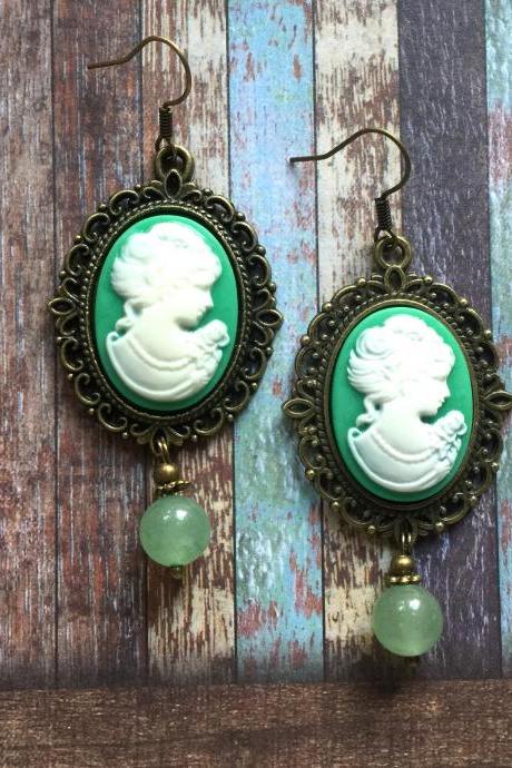 Vintage Inspired Lady Cameo Earrings With Green Aventurine Beads, Selma Dreams