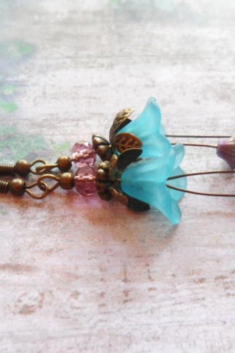 Stunning Earrings With Turquoise Bell Flowers And Lilac Lampwork Flower Beads, Selma Dreams