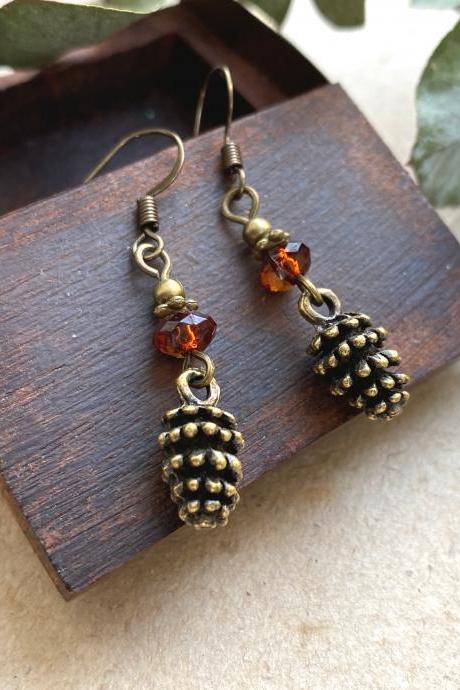 Pine Cone Earrings With Shimmering Rust Colour Glass Beads, Selma Dreams