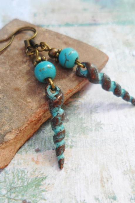 Gorgeous Patina Verdigris Earrings With Turquoise Beads, Selma Dreams
