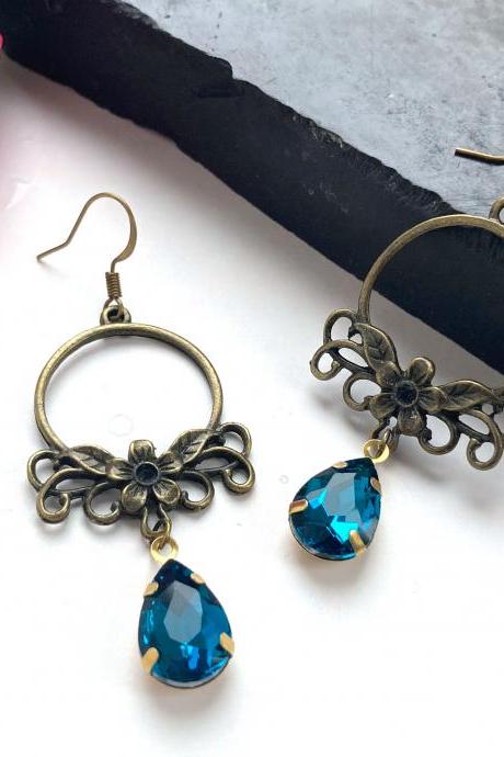 Art Nouveau flower earrings with teal glass pendants, Selma Dreams