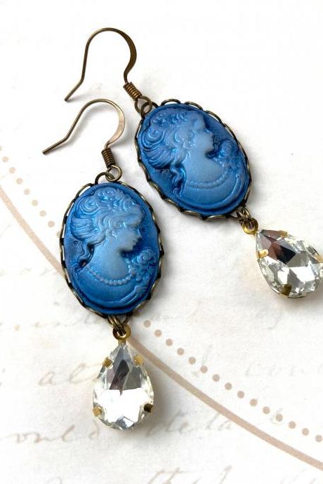 Lovely blue cameo earrings with glass pendants, Selma Dreams
