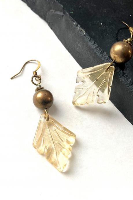 Art Nouveau earrings with recycled beads and glass gold leaf pendants, Selma Dreams