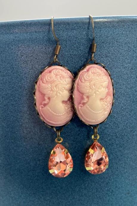 Lovely pink cameo earrings with glass pendants, Selma Dreams