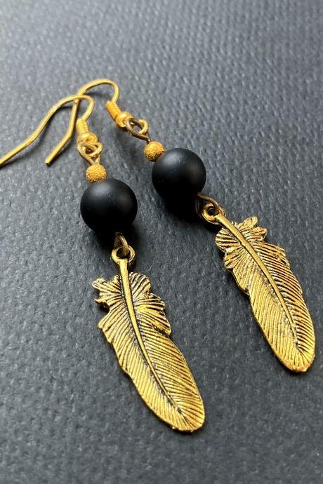 Gold feather earrings with black beads, Selma Dreams