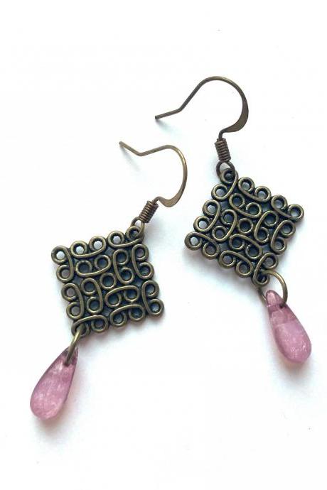 Vintage inspired brass earrings with lilac teardrop glass beads, Selma Dreams