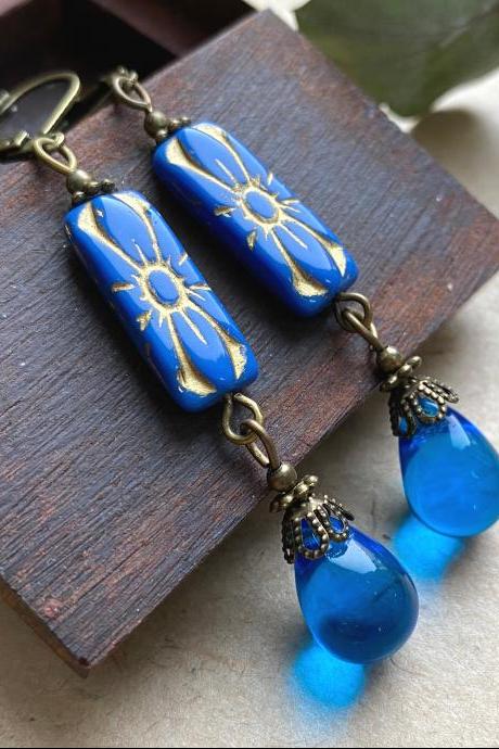 Moroccan Style Blue And Gold Glass Earrings, Selma Dreams