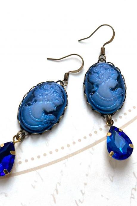 Lovely Blue Cameo Earrings With Glass Pendants, Selma Dreams