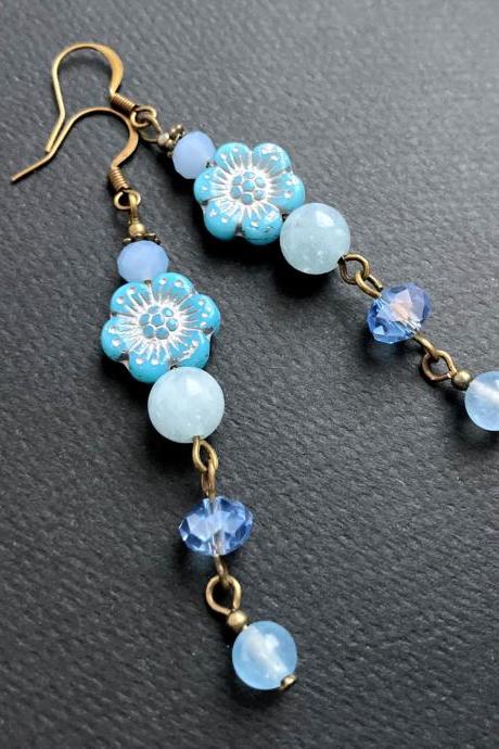 Long flower earrings with glass and blue jade beads, Selma Dreams