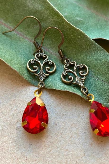 Art Nouveau Earrings With Red Glass Pendants, Selma Dreams