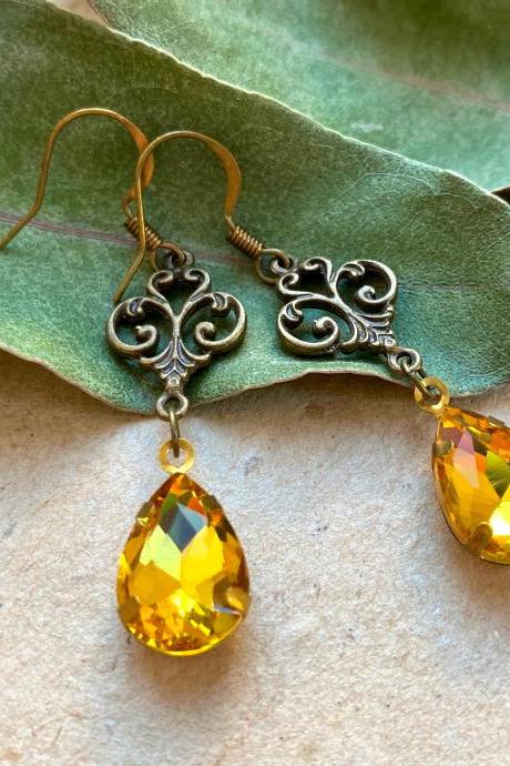 Art Nouveau Earrings With Yellow Glass Pendants, Selma Dreams