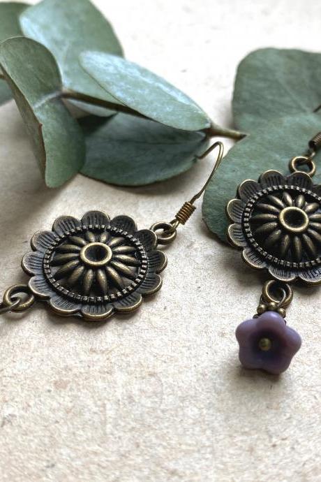 Gorgeous Art Nouveau Earrings With Lilac Glass Flowers, Selma Dreams