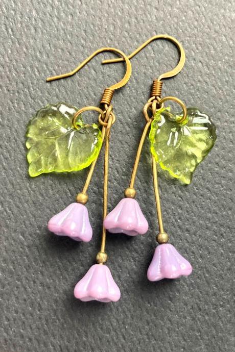 Lilac Glass Flower Earrings With Leaves, Selma Dreams