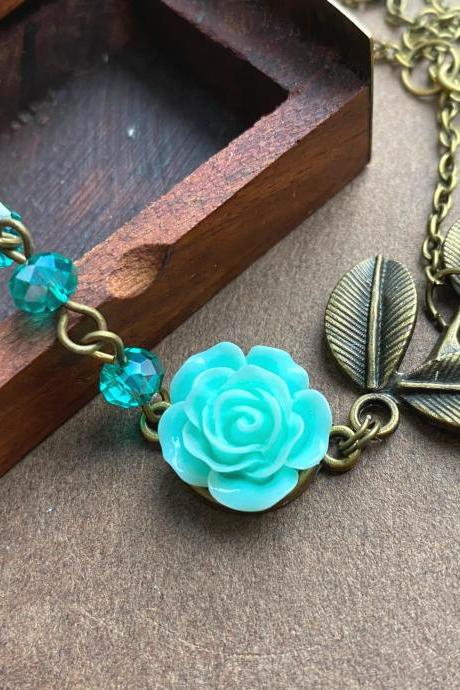 Beautiful Leaf Necklace With A Teal Rose Pendant, Selma Dreams