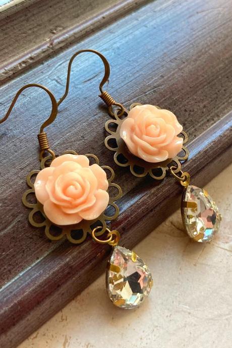 Romantic Peach Rose Earrings With Teardrop Glass Jewels, Selma Dreams