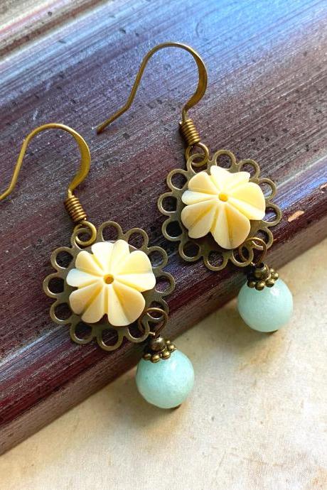 Flower Earrings With Jade Pearls