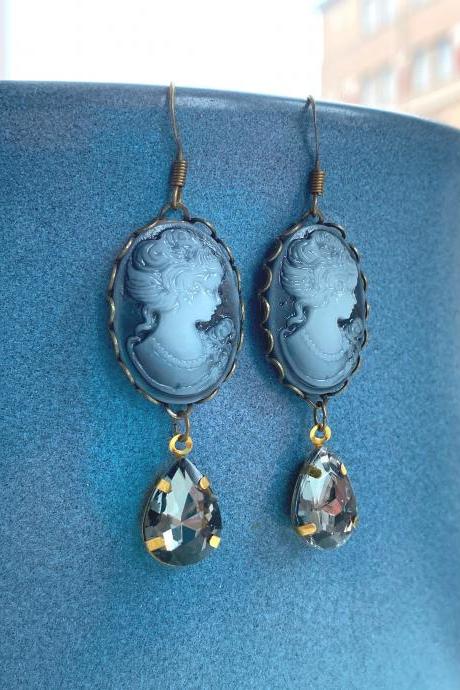 Gray Cameo Earrings With Glass Pendants, Selma Dreams