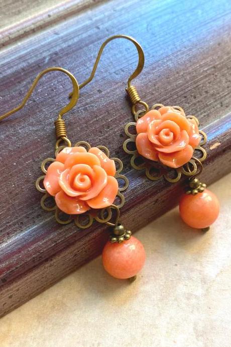Gorgeous Rose Earrings With Pink Coral Gemstone Beads, Selma Dreams