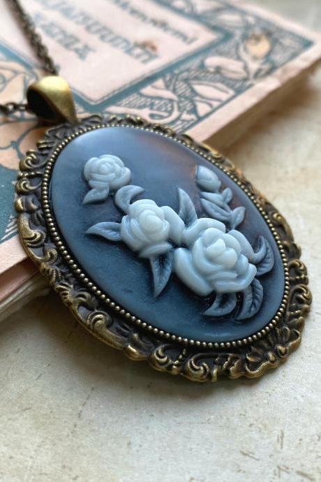Beautiful Vintage Inspired Necklace With A Gray And White Flower Cameo Pendant, Selma Dreams