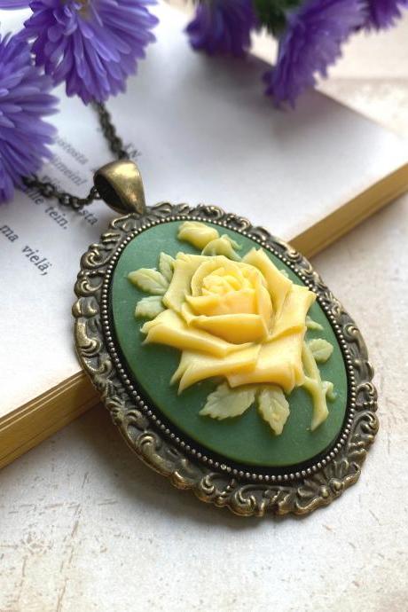 Beautiful Necklace With A Sage Green Rose Cameo Pendant, Selma Dreams
