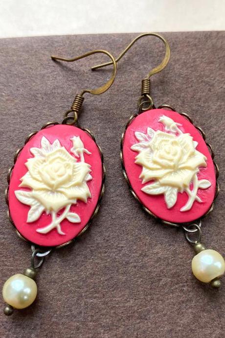 Traditional Rose Cameo Earrings With Glass Pearls, Selma Dreams