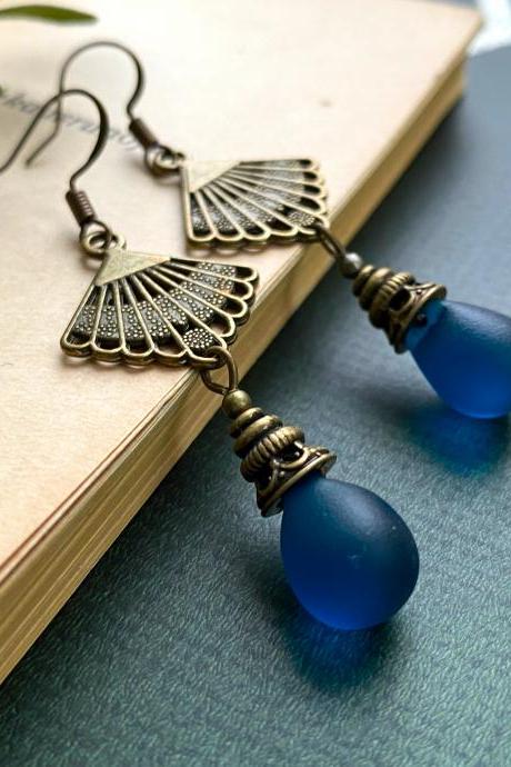 Art Nouveau Earrings With Midnight Blue Teardrop Glass Pendants, Selma Dreams