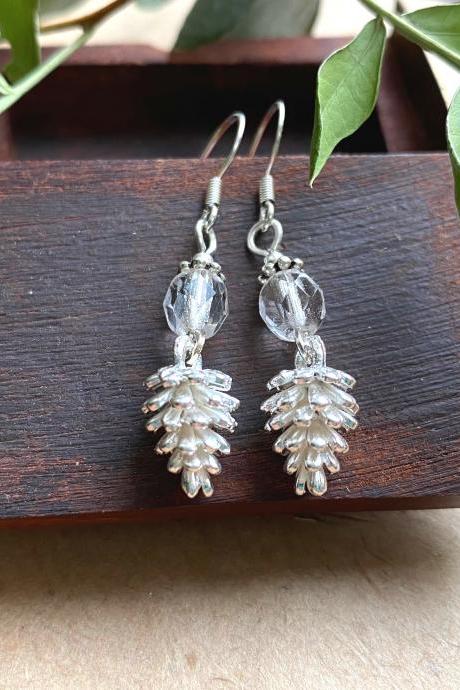 Silver Pine Cone Earrings With Clear Glass Beads And Sterling Silver Hooks, Selma Dreams