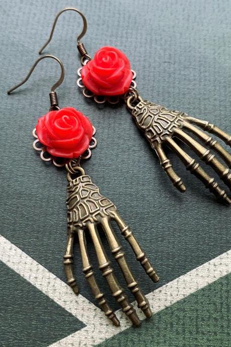 Skeleton Hand Earrings With Red Rose Pendants, Selma Dreams