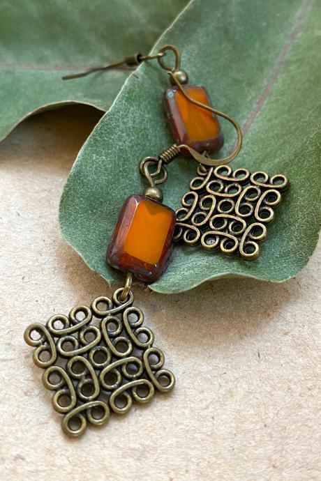Art Deco Earrings With Orange Glass Beads, Vintage Earrings, Art Deco Dangle Earrings, Vintage Jewelry, Gifts For Her, Great Gatsby Inspired
