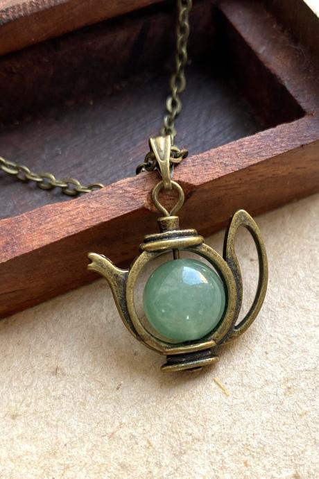 Teapot Necklace With A Green Aventurine Crystal Pearl, Alice In Wonderland Inspired, Green Aventurine Necklace, Fun Necklace, Whimsical Fun