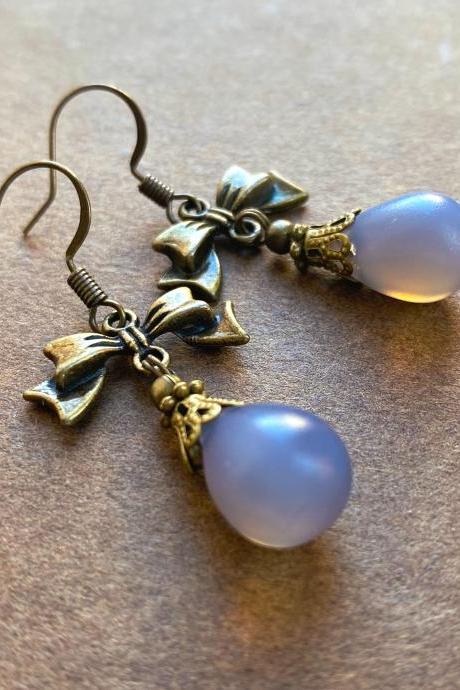 Cute Bow Earrings With Lilac Glass Pendants, Vintage Inspired Jewelry, Lolita Earrings, Vintage Earrings, Adorable Earrings, Bow Charms