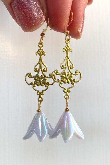 Art Nouveau Bell Flower Earrings, Gold Dangle Earrings, Vintage Inspired Earrings, Floral Dangle Earrings, Gold Dangle Earrings