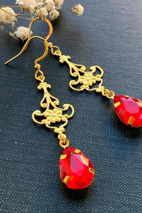Art Nouveau Earrings With Ruby Red Glass Pendants, Gold Dangle Earrings, Art Nouveau Jewelry, Floral Dangle Earrings, Gifts For Her, Gifts