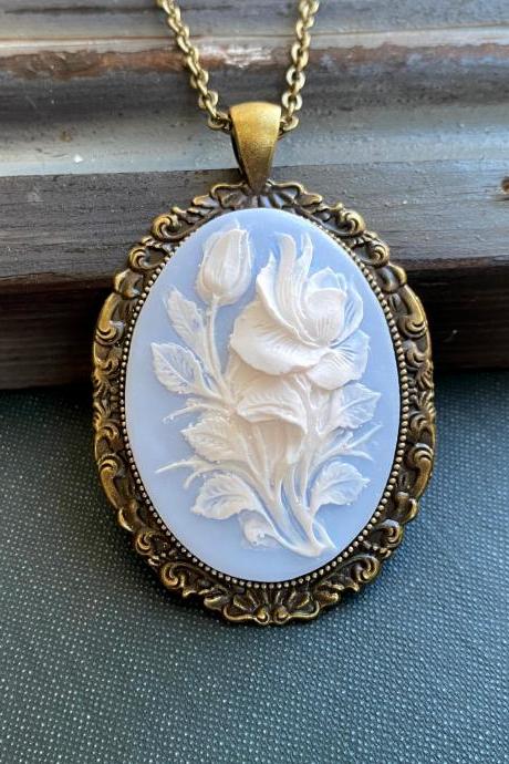 Blue Floral Cameo Necklace, Victorian Jewelry, Vintage Inspired Necklace, Gift For Mom, Gift For Wife, Gift For Her, Anniversary Gifts