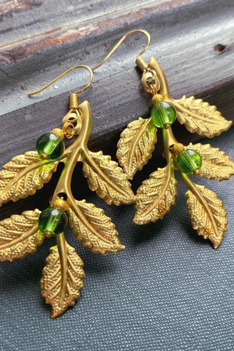 Gold Leaf Earrings With Green Glass Beads, Large Earrings, Nature Jewelry, Gold Dangle Earrings, Statement Earrings, Leaf Pendant Earrings