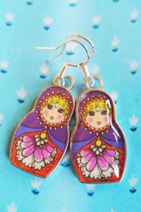 Whimsical Russian nesting doll earrings with sterling silver hooks, bohemian matryoshka jewelry, Selma Dreams kitsch