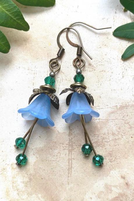 Blue Bell Flower Earrings With Turquoise Glass Beads