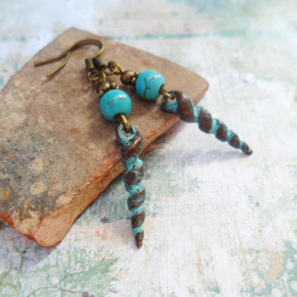 Gorgeous patina verdigris earrings with turquoise beads, Selma Dreams