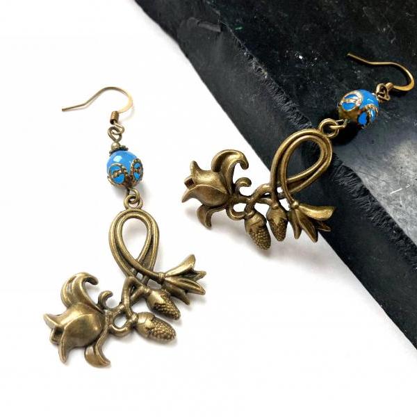 Art Nouveau earrings with blue jade gemstone pearls, Selma Dreams