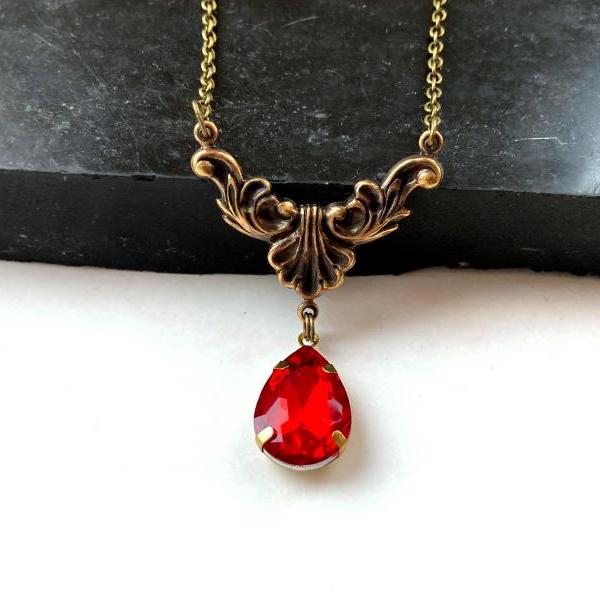 Art Nouveau necklace with a rubby red teardrop glass pendant, Selma Dreams