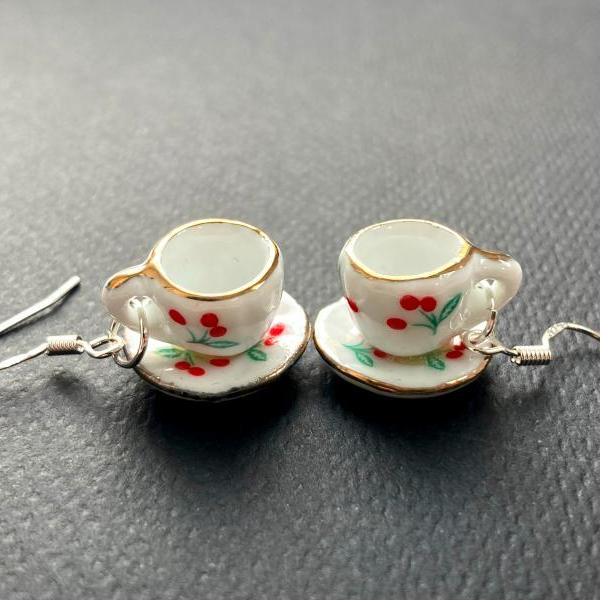 Cherry teacup earrings with sterling silver hooks, Selma Dreams